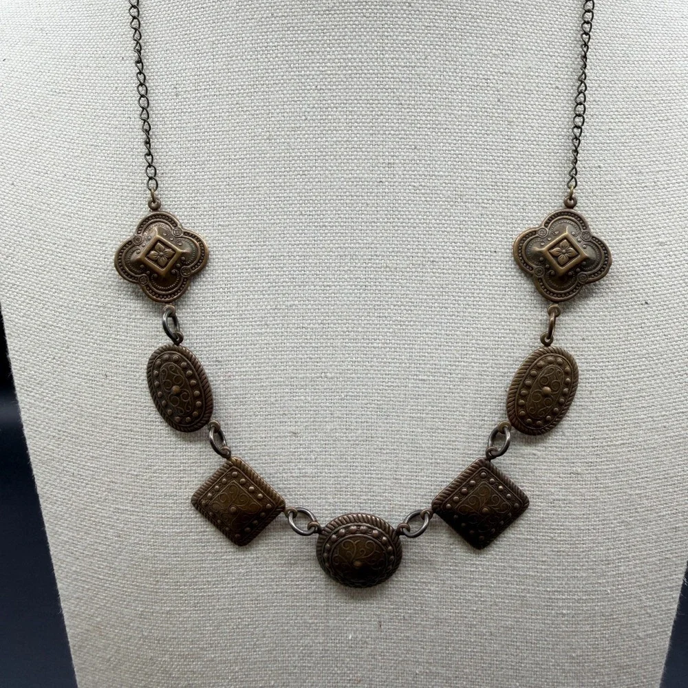 Bronze Tone Filigree Geometric Statement Necklace Boho Cottagecore Festival Gift